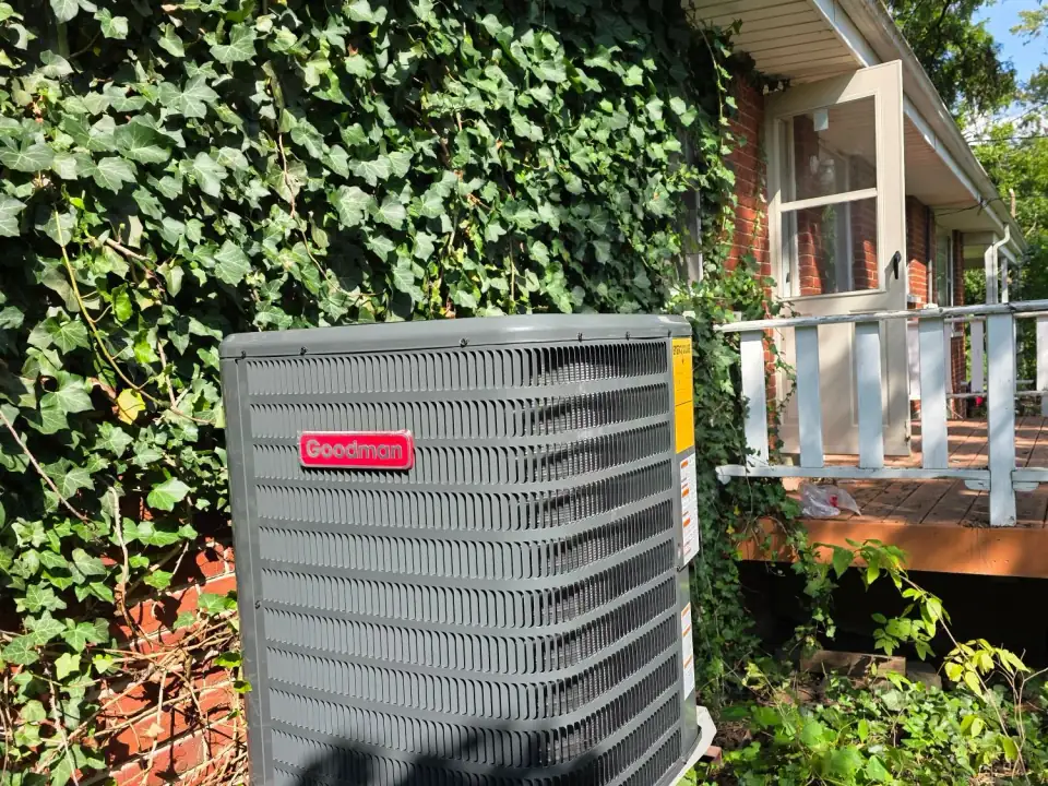 Air conditioner condenser installed at a home in St. Charles, Illinois